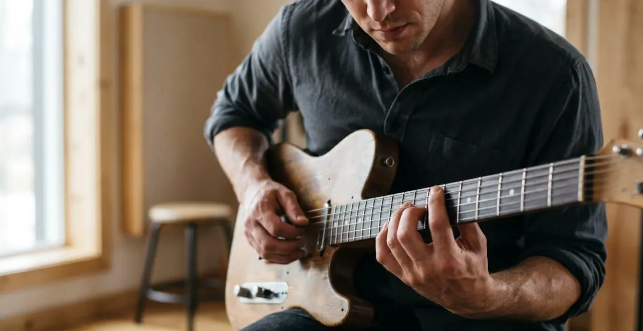 Guitarist practicing technical drills with intense focus and dedication in atmospheric natural light