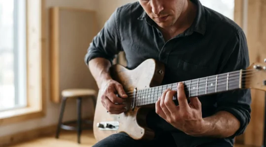 Guitarist practicing technical drills with intense focus and dedication in atmospheric natural light