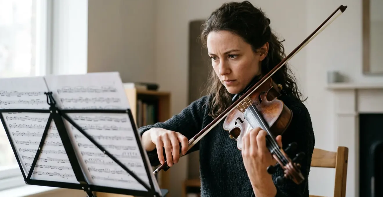 A focused musician reading sheet music with concentrated expression, natural lighting creating depth