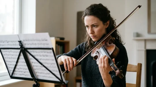A focused musician reading sheet music with concentrated expression, natural lighting creating depth