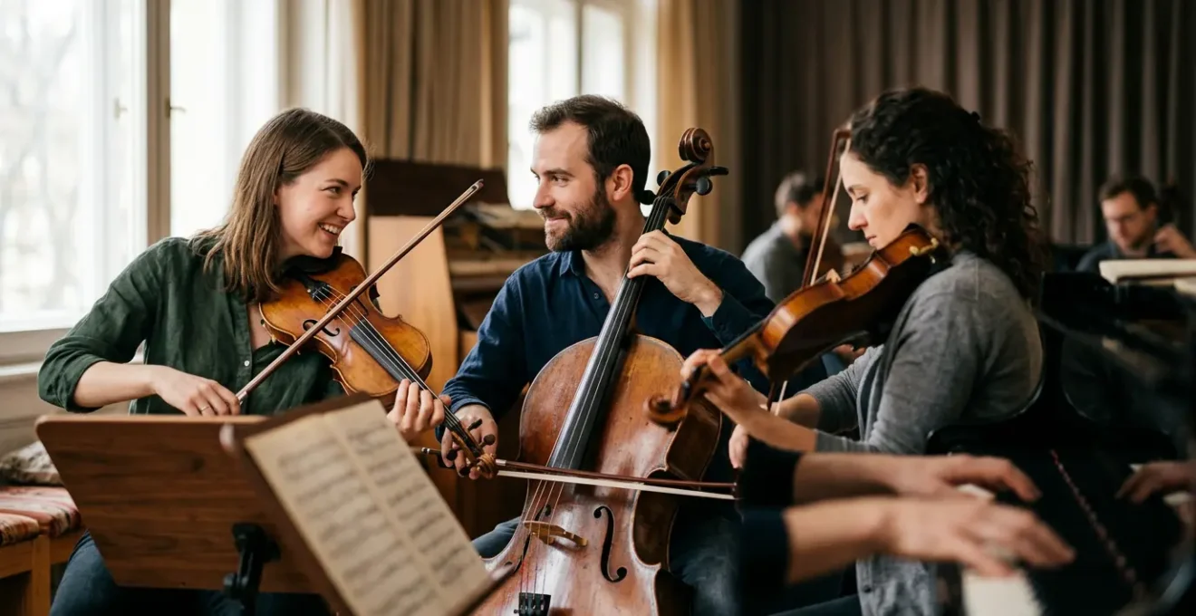 Musicians performing together in intimate ensemble setting with natural connection and collaborative energy