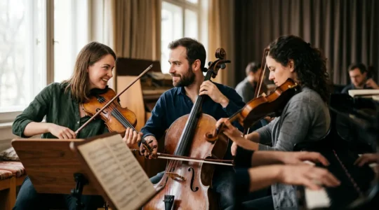 Musicians performing together in intimate ensemble setting with natural connection and collaborative energy
