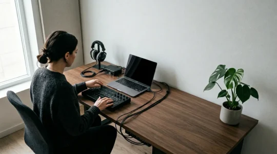 Music producer exploring vast audio library with organized workflow