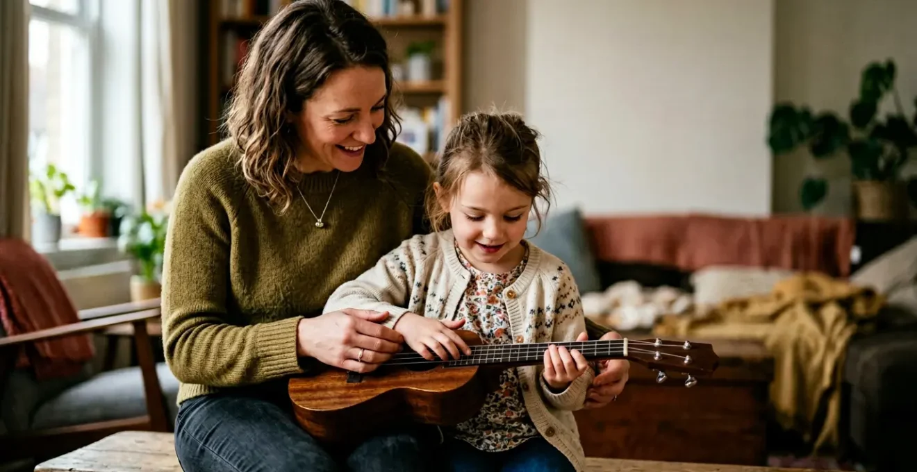Parent and young child examining musical instruments together in natural light