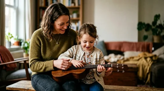 Parent and young child examining musical instruments together in natural light