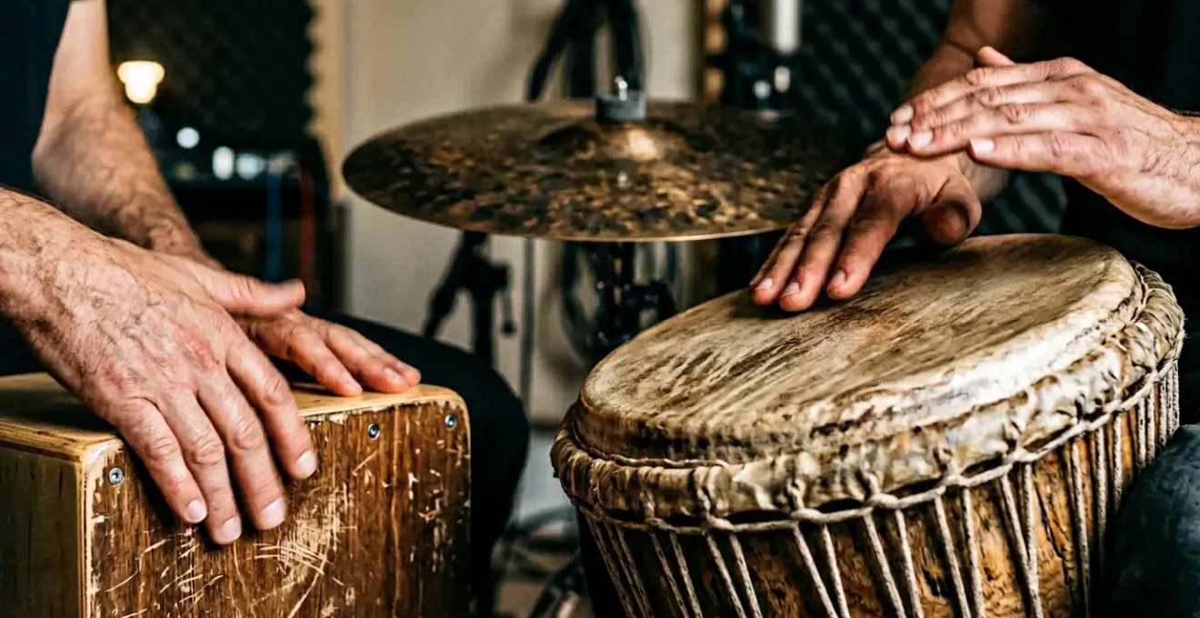 Close-up view of hands playing multiple percussion instruments creating layered textures and tonal colors in natural studio lighting