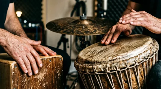 Close-up view of hands playing multiple percussion instruments creating layered textures and tonal colors in natural studio lighting