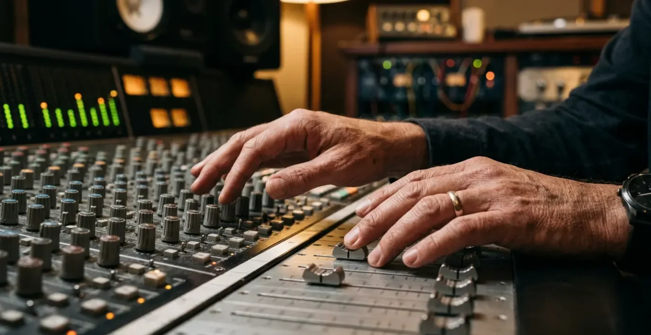 Close-up of hands poised over professional studio mixing console in contemplative moment