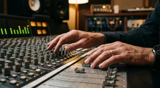 Close-up of hands poised over professional studio mixing console in contemplative moment