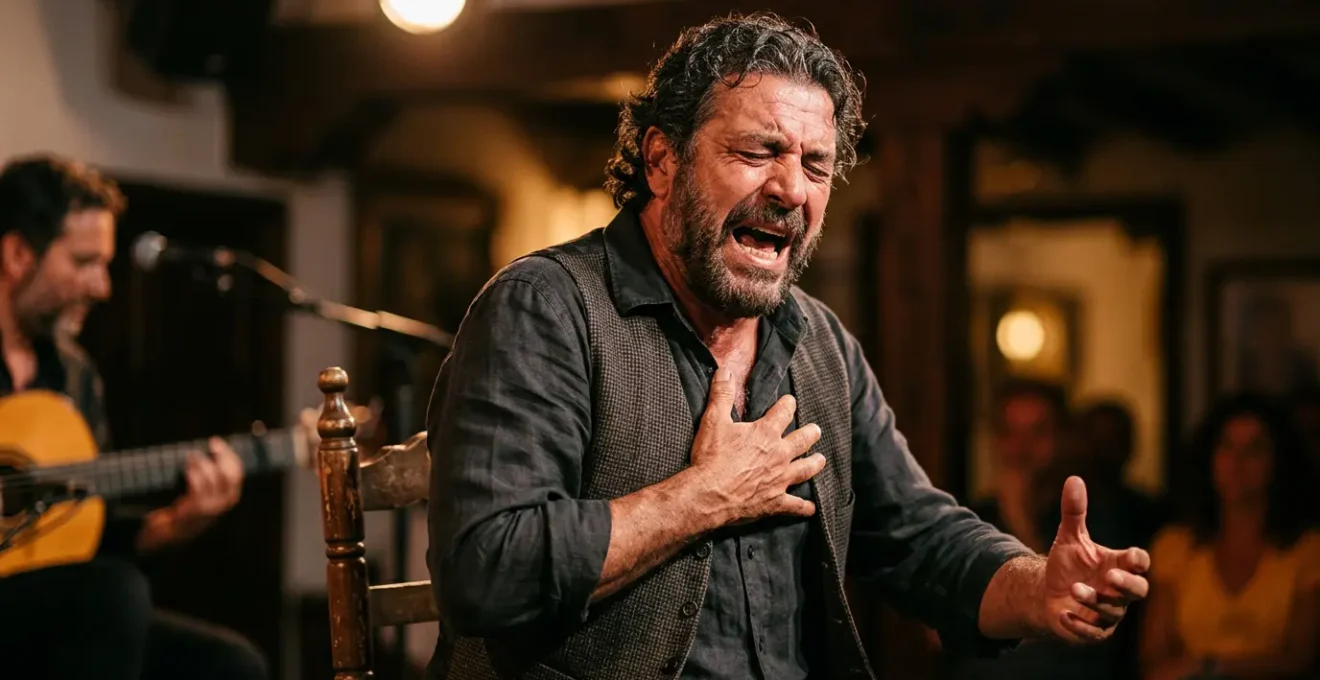 Flamenco singer in moment of deep emotional expression during cante jondo performance