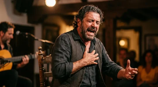 Flamenco singer in moment of deep emotional expression during cante jondo performance