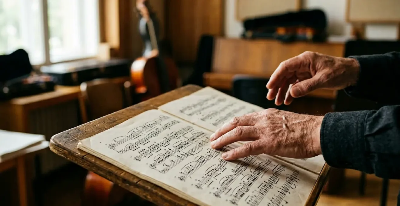 Close-up of musician's hands analyzing orchestral score with natural lighting revealing texture and depth