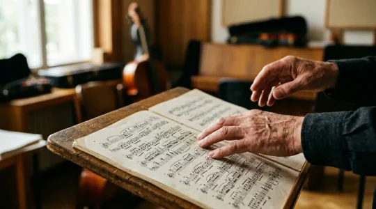 Close-up of musician's hands analyzing orchestral score with natural lighting revealing texture and depth