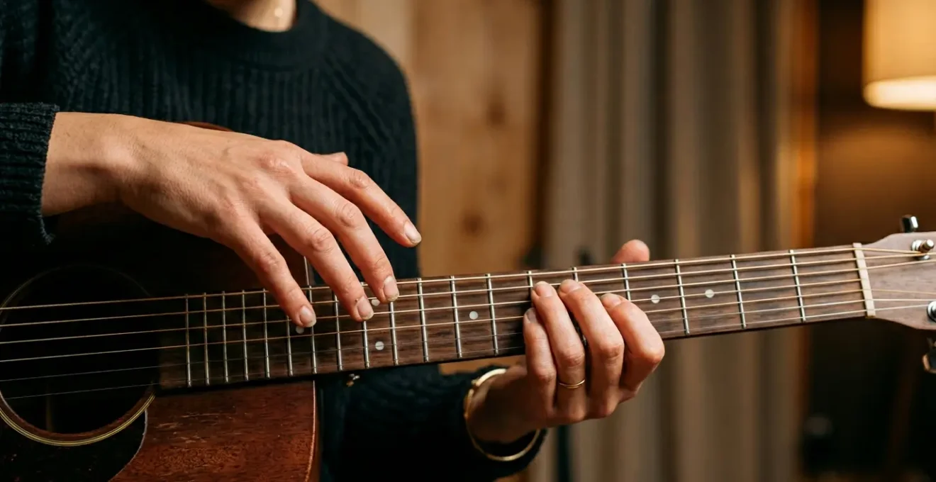 Close-up photograph of relaxed musician hands floating over instrument strings with natural posture and fluid motion