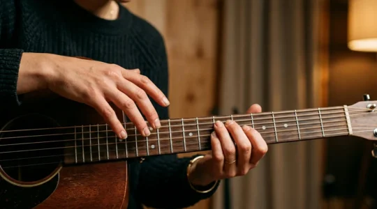 Close-up photograph of relaxed musician hands floating over instrument strings with natural posture and fluid motion