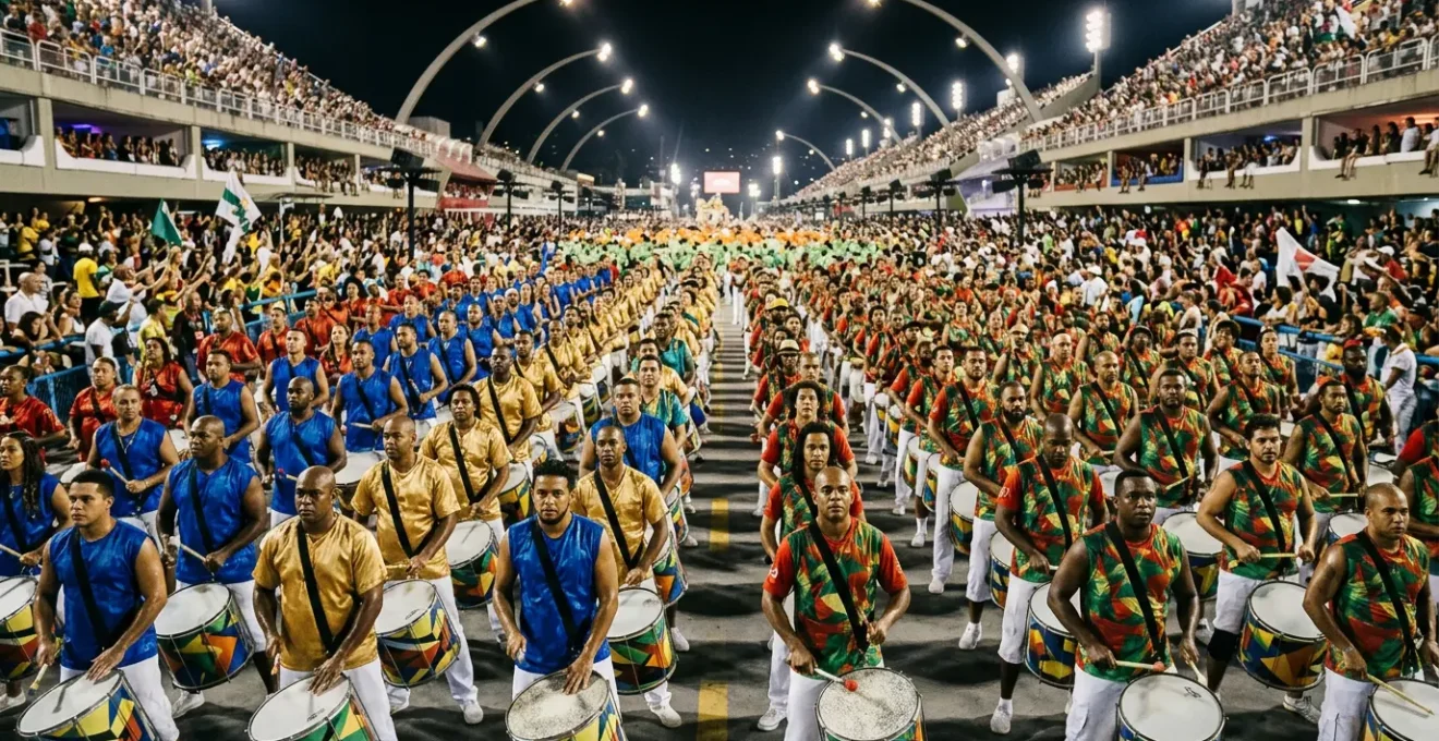 Massive bateria percussion section performing at Rio Sambadrome with hundreds of drummers creating powerful rhythmic wall of sound