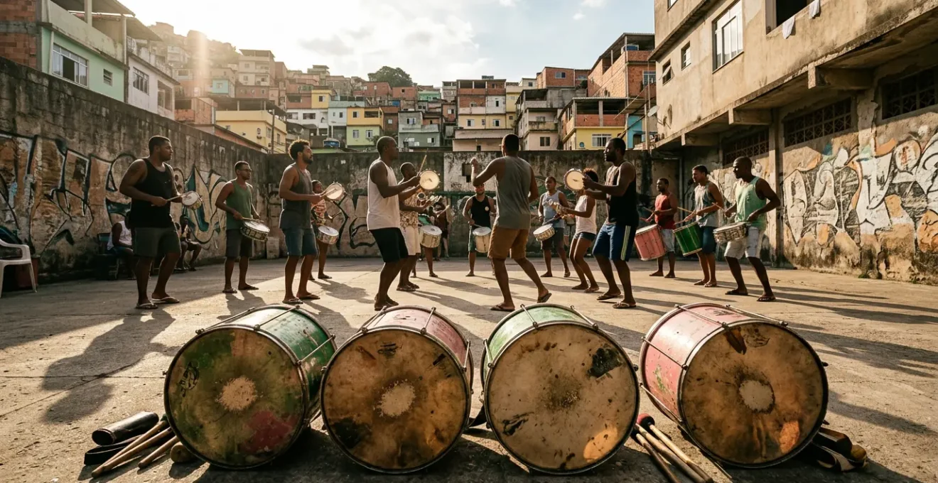 Dynamic samba bateria drums and percussionists embodying Brazil's polyrhythmic soul