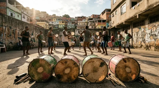 Dynamic samba bateria drums and percussionists embodying Brazil's polyrhythmic soul