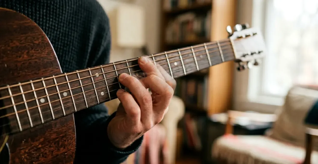 Close-up hands on instrument transitioning from structured scale practice to expressive improvisation