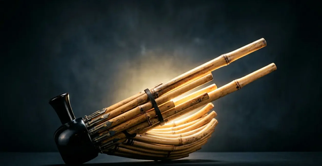 Traditional Japanese Shō mouth organ with seventeen bamboo pipes arranged in phoenix wing formation, backlit to evoke heavenly luminescence