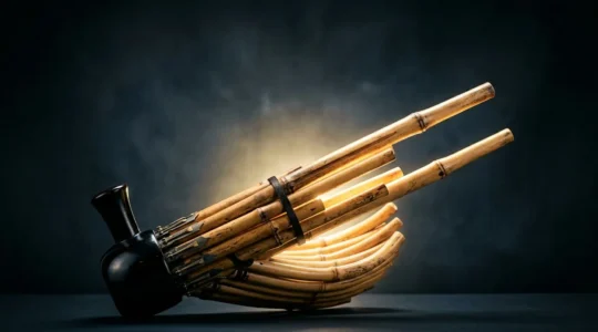 Traditional Japanese Shō mouth organ with seventeen bamboo pipes arranged in phoenix wing formation, backlit to evoke heavenly luminescence