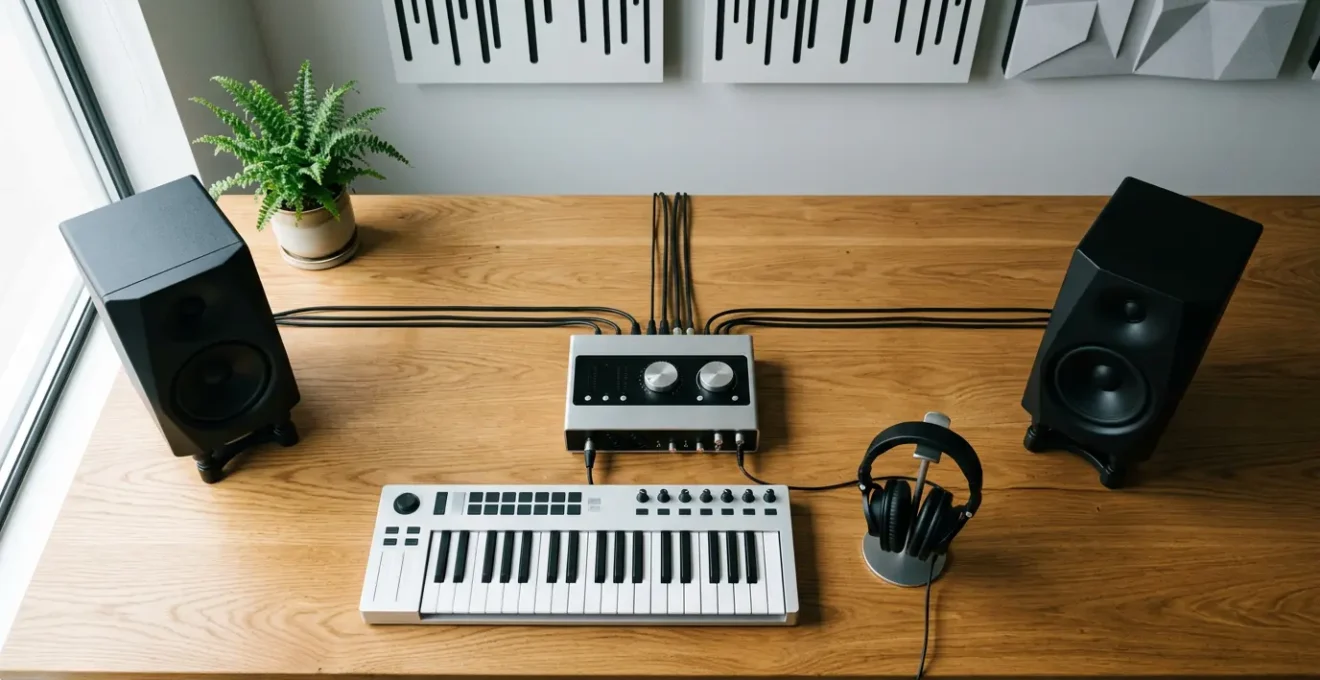 Modern music production studio setup with DAW interface and organized workflow elements