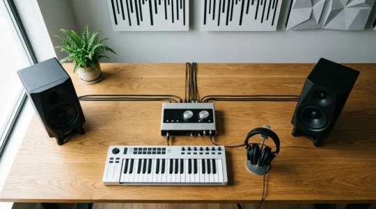 Modern music production studio setup with DAW interface and organized workflow elements