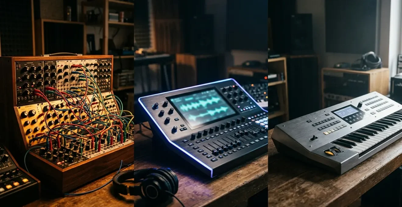 Synthesizer workstation displaying analog and digital synthesis interfaces with modular cables and vintage equipment
