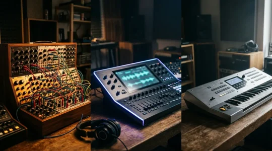 Synthesizer workstation displaying analog and digital synthesis interfaces with modular cables and vintage equipment