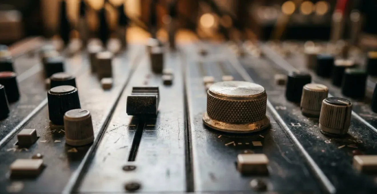 Abstract macro view of sound equipment with visible textures and spatial layering
