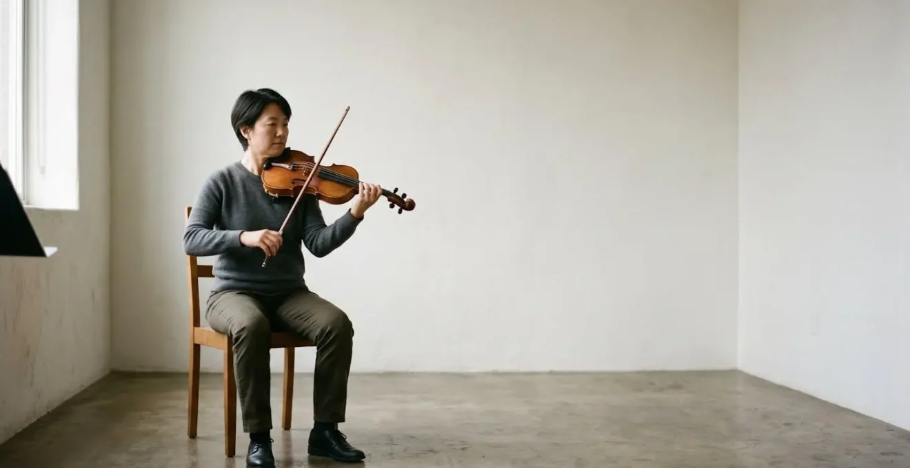 Full-body environmental shot showing optimal seated posture for wind instrument performance with spinal lengthening