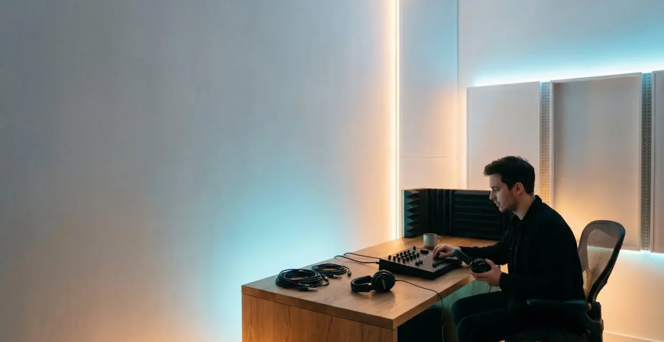 Abstract visualization of audio energy levels through soft-focused studio equipment with dynamic light patterns