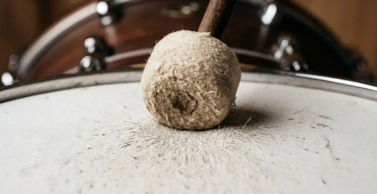 Extreme macro shot of bass drum beater at point of impact with drumhead showing material texture and compression detail