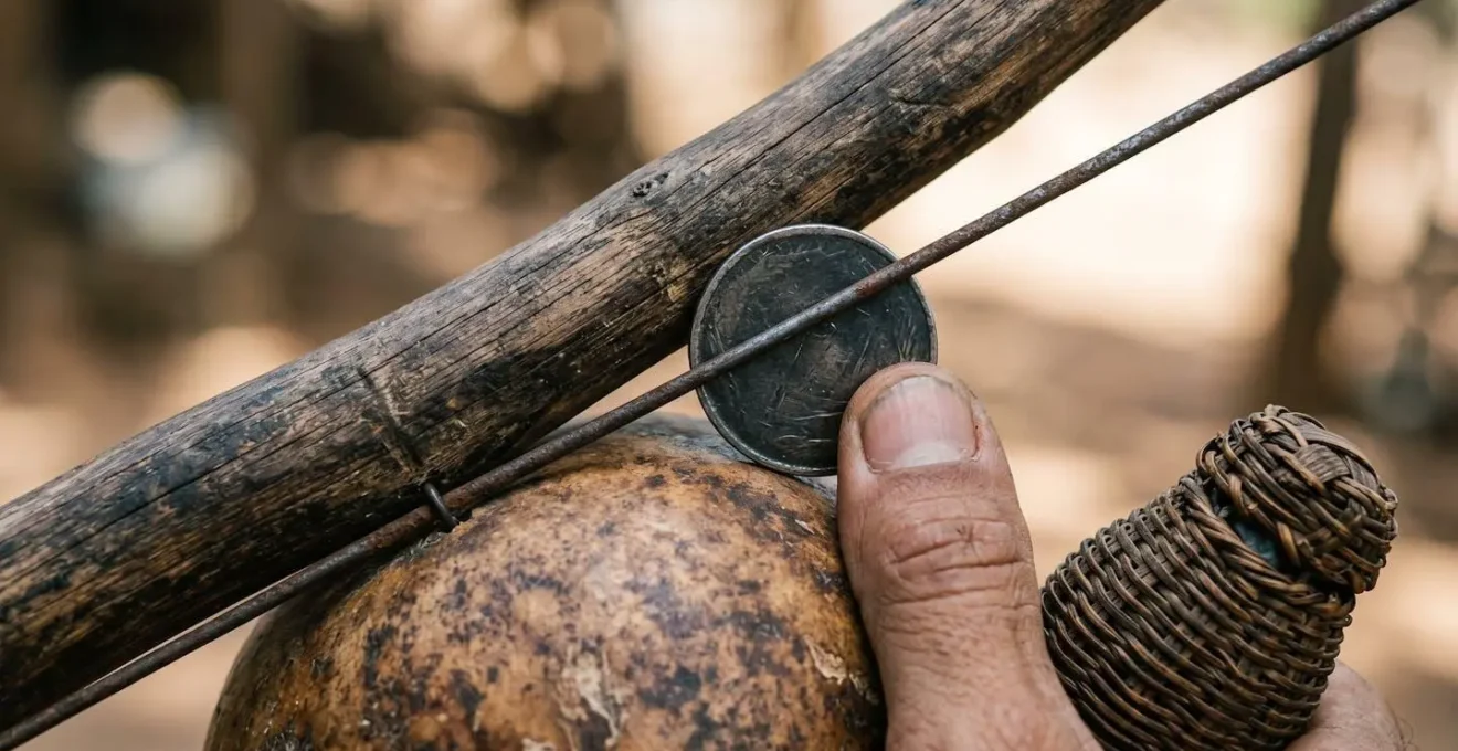 Macro photograph of berimbau musical bow showing intricate construction details and textures