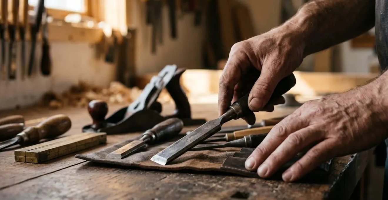Weathered carpenter's hands selecting single vintage woodworking chisel from organized tool collection on rustic workshop bench