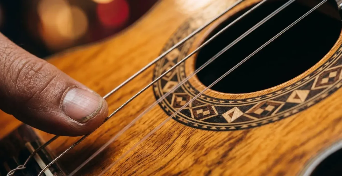 Extreme close-up detail of cavaquinho strings and soundhole showing intricate craftsmanship of Brazilian four-string instrument