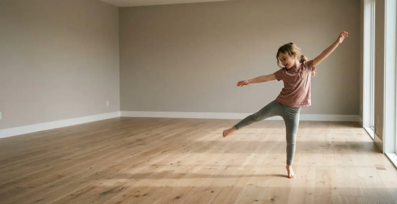 Wide shot of child in motion dancing to rhythm showing balance and proprioception
