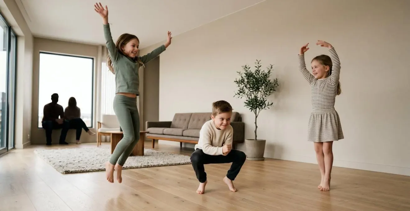 Children frozen in expressive dance poses during musical statues game