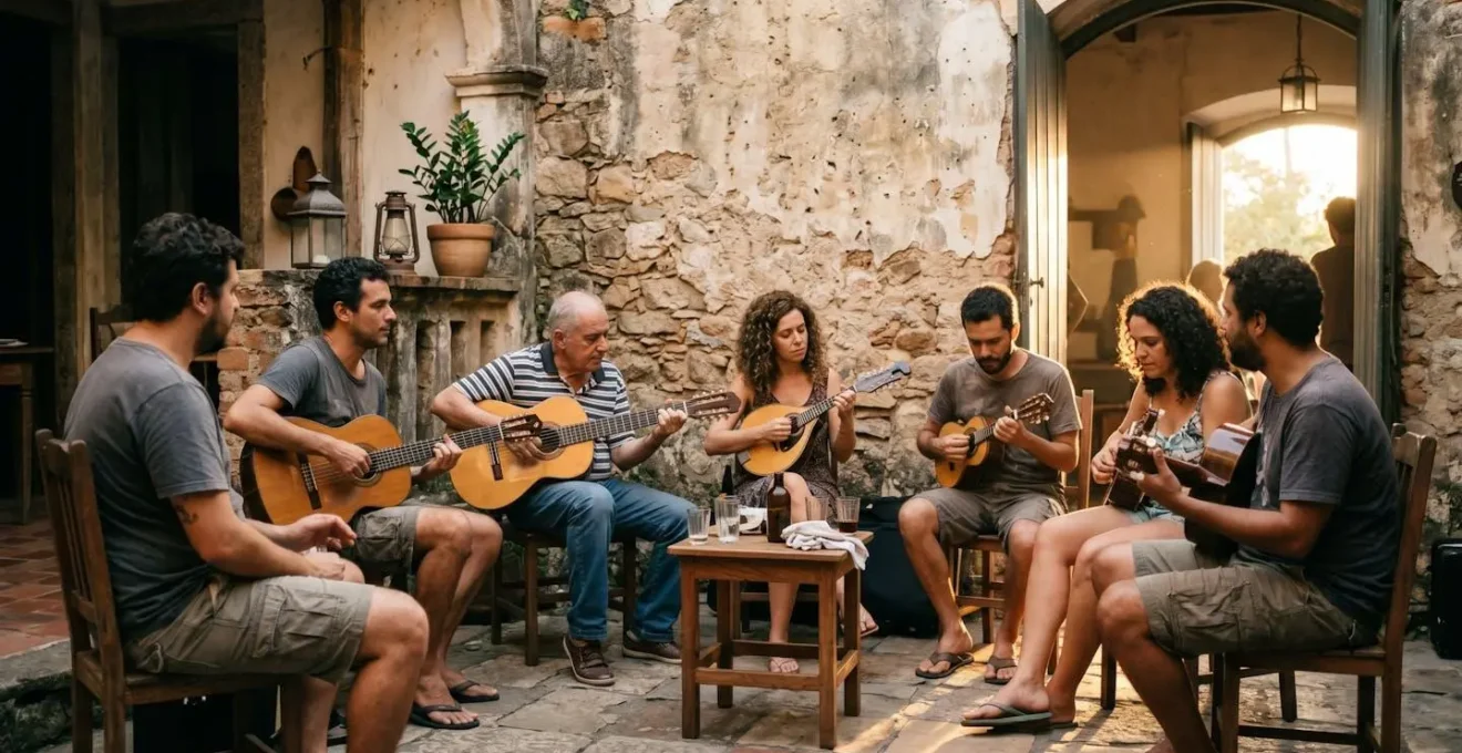 Environmental wide shot of traditional Brazilian choro musicians in intimate informal gathering