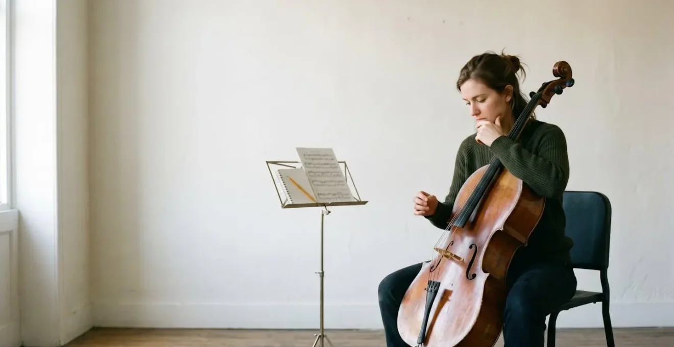 Musician engaged in critical self-review during practice session with focused concentration and analytical posture