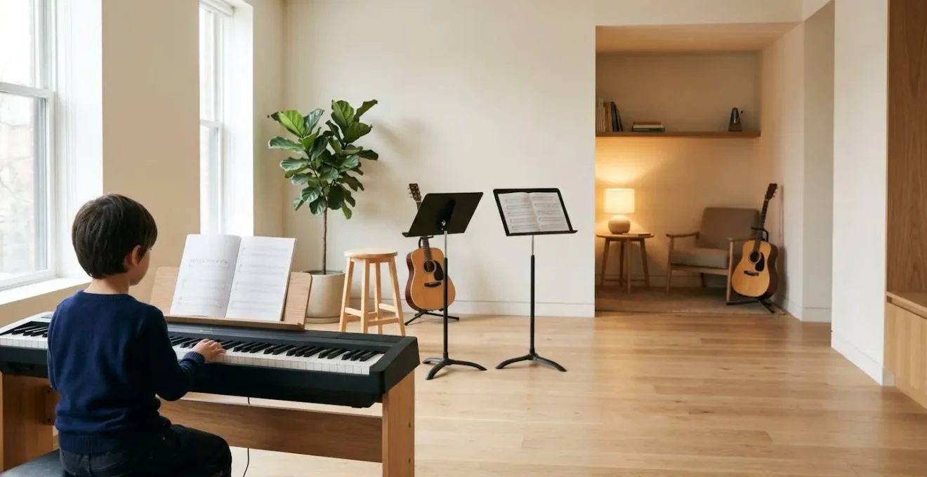 Three distinct music learning scenarios showing individual lesson, group class, and app-based learning