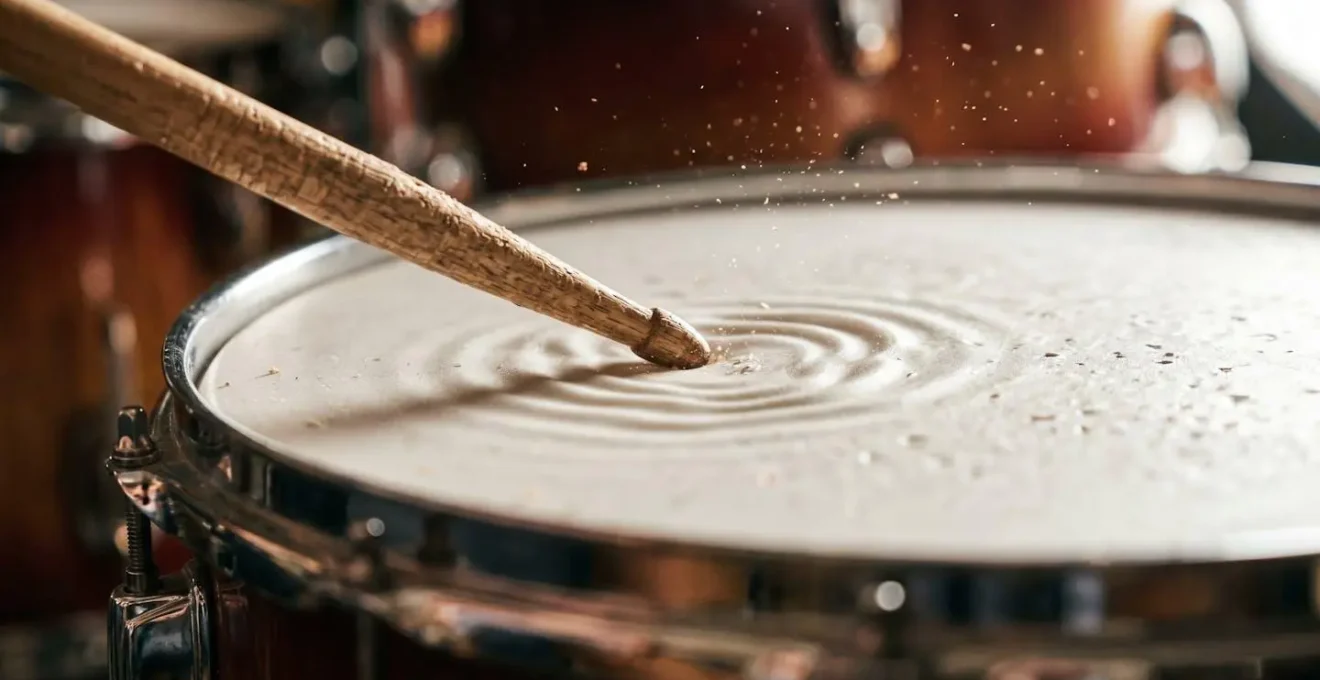 Extreme close-up of drumstick tip at moment of contact with snare drum head surface