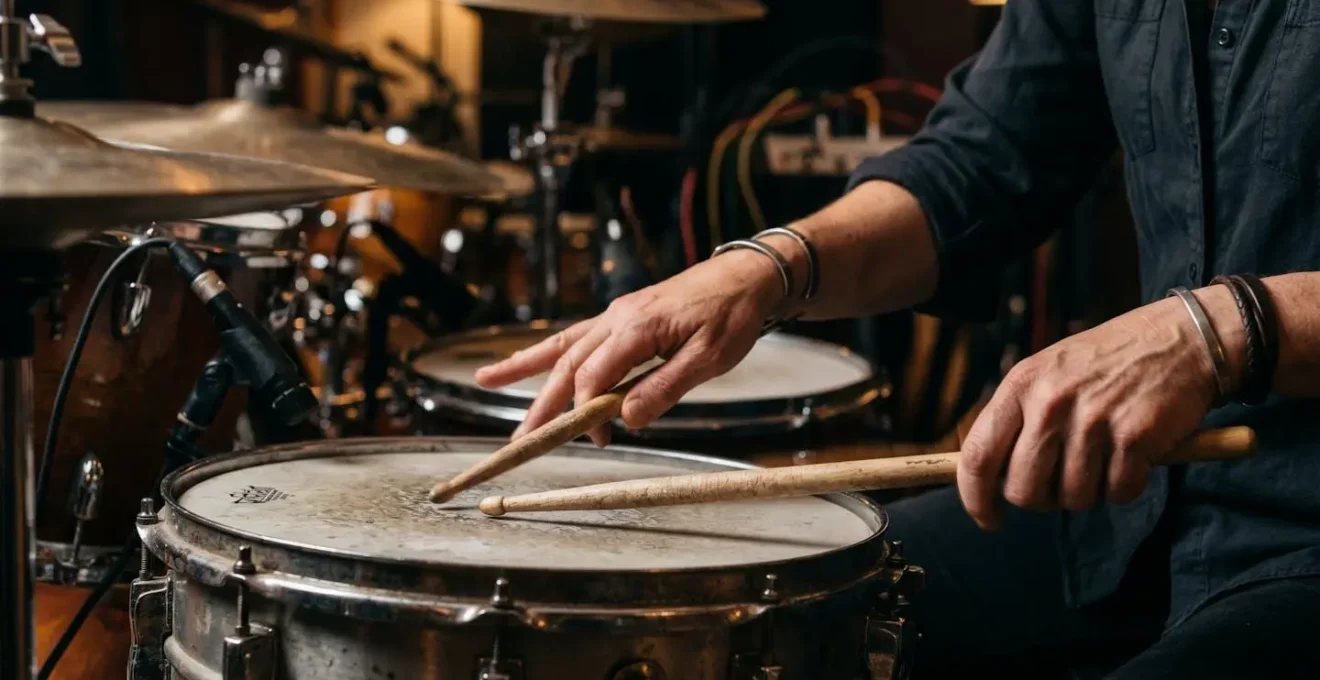 Medium close-up of drummer hands executing ghost notes with subtle motion blur showing dynamic contrast between accented and quiet strokes