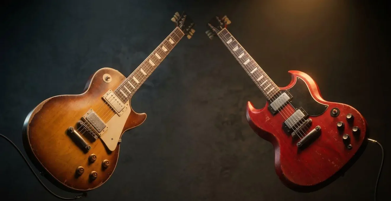 Two electric guitars positioned symmetrically creating visual dialogue across the stereo field with dynamic energy