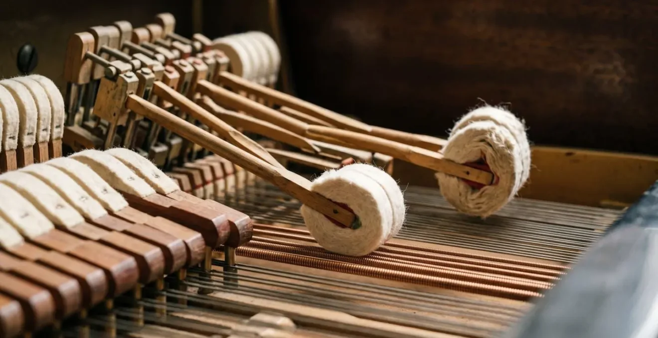 Macro photograph of piano hammers in motion showing textural detail and mechanical precision