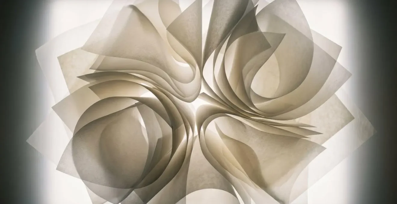 Abstract flowing organic shapes representing sound waves and musical textures