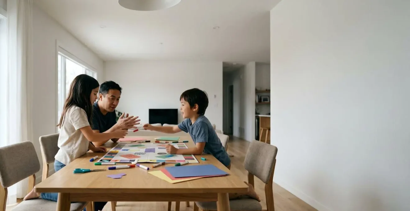 Wide environmental shot of family gathered around table collaborating on homemade music learning board game in minimalist setting