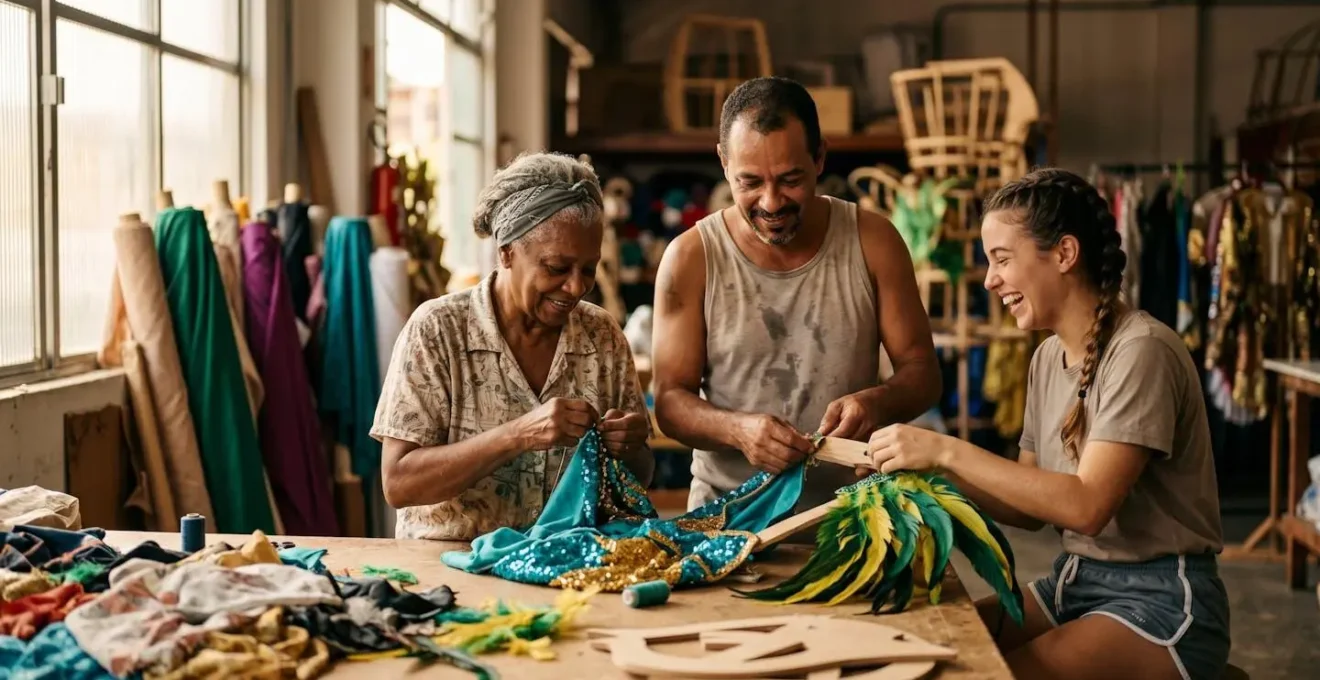 Community members working together in samba school workshop preparing costumes and instruments for carnival parade