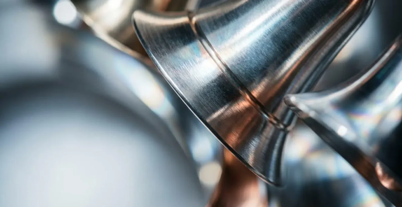 Abstract metallic bell-like surfaces reflecting light with geometric frequency patterns demonstrating harmonic relationships