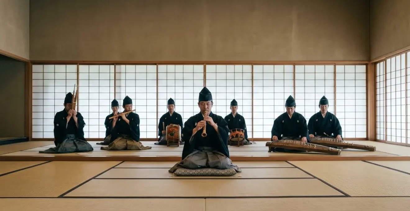 Wide environmental shot of traditional Gagaku ensemble with hichiriki player in center surrounded by other musicians in minimalist composition
